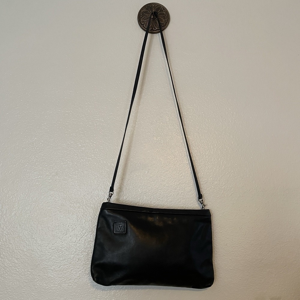 Vtg Anne Klein For Calderon Clutch Crossbody Lion Logo Black Leather